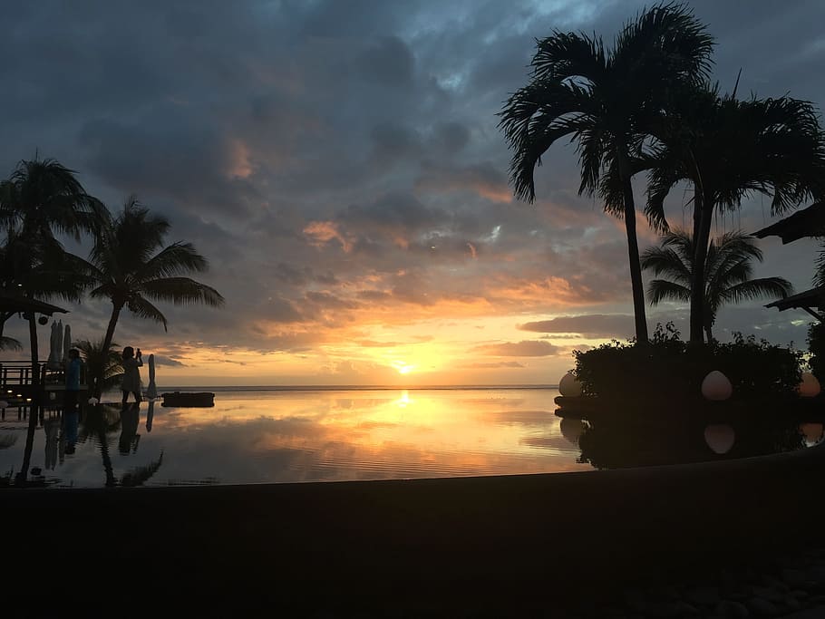 mauritius, pool, evening, palm trees, holiday, sea, sunset HD wallpaper