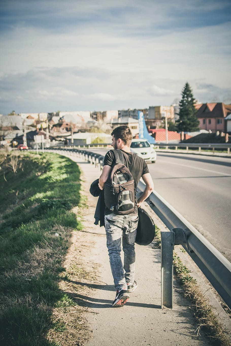 boy, sunset, sky, cloud, in the evening, road, backpack, people HD wallpaper