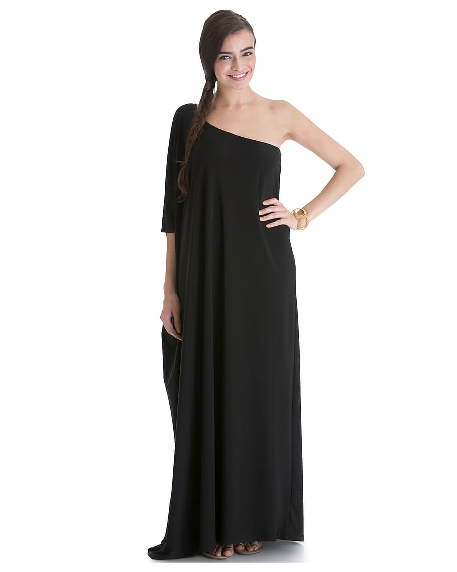 woman wearing black one-shoulder dress, person, model, happy, HD wallpaper