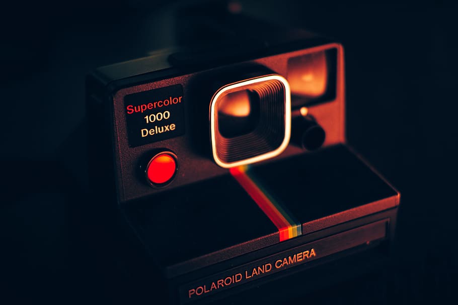 black Polaroid land camera, Deluxe, photographic equipment, polaroid camera