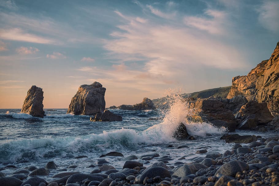 body of water splashing rock, ocean, sea, waves, coast, rocks HD wallpaper