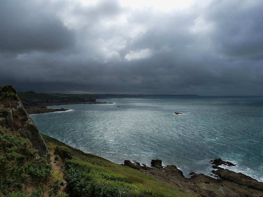 brittany, cancale, clouds, cliffs, sea, nature, coastline, beach HD wallpaper