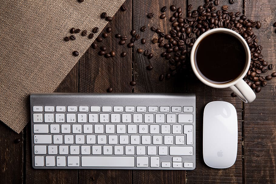 food, wood, caffeine, coffee, apple keyboard, apple mouse, background, HD wallpaper
