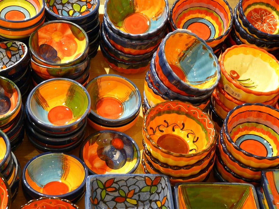 pottery, ceramic, art, colorful, painted, painting, shell, vessels, HD wallpaper