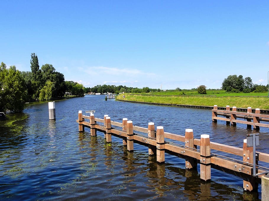 netherlands, sky, clouds, lake, river, water, reflections, trees HD wallpaper