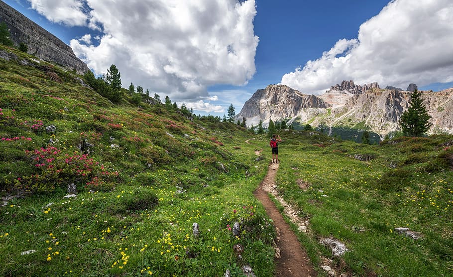 landscape, mountains, nature, sky, adventure, alps, backpack HD wallpaper