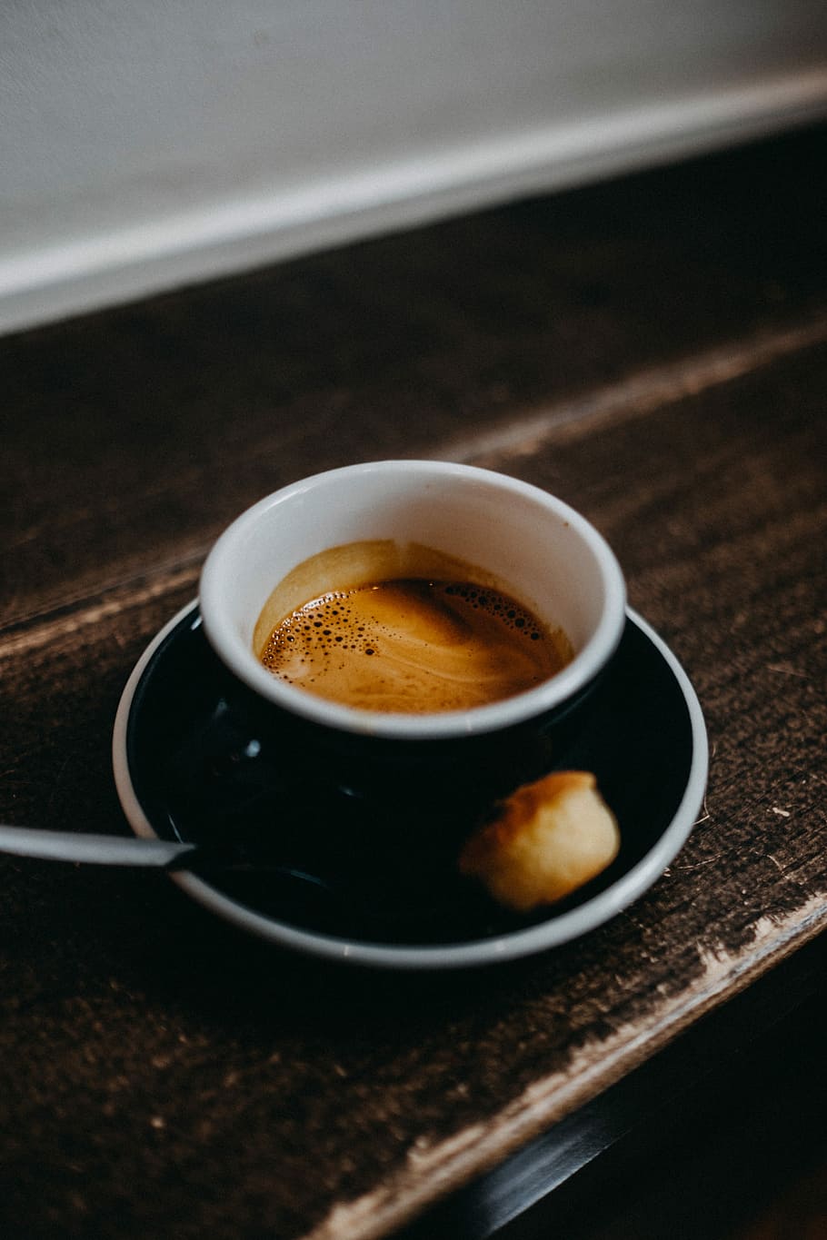 black teacup filled with brown liquid, coffee, plate, espresso HD wallpaper
