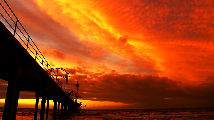 sunset, dusk, sky, clouds, pier, dock, ocean, sea, waves, water HD wallpaper