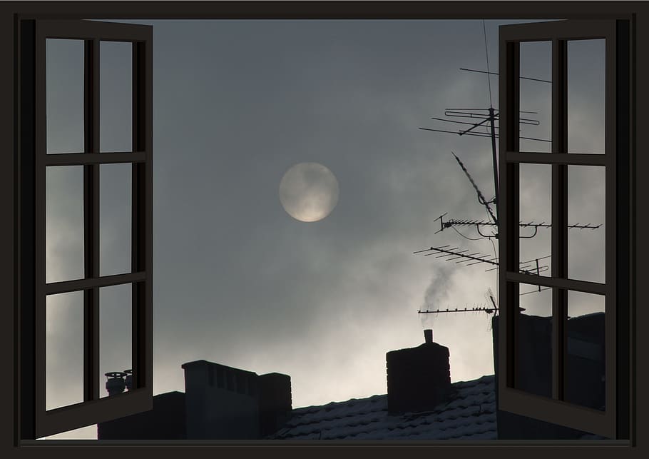 two brown wooden 6-pane windows, moon, moon addicted, universe