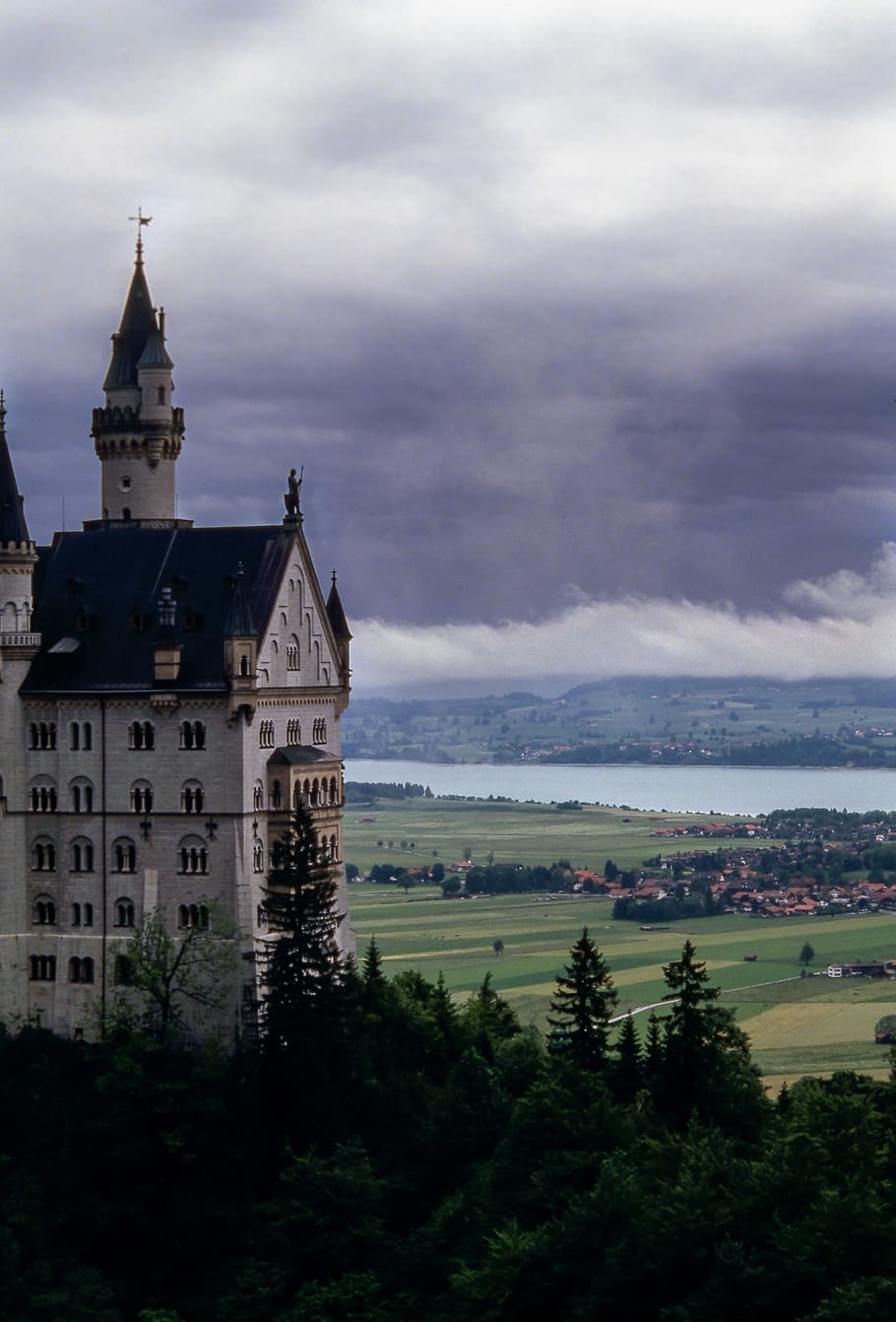concrete castle surrounded with trees, blue and gray concrete castle at daytime HD wallpaper