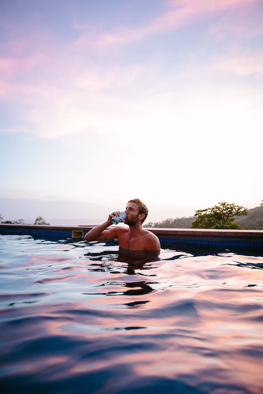 sky, clouds, sunset, sunrise, swimming, pool, water, people HD wallpaper