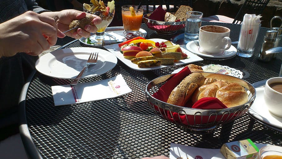 breakfast, bread, jam, coffee, tableware, cutlery, eat, baked goods HD wallpaper