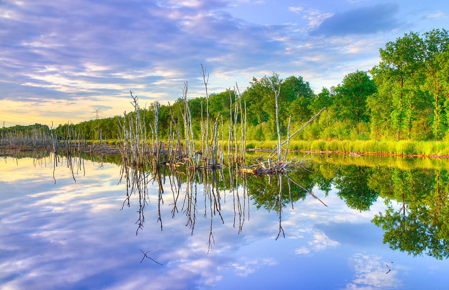 sunset, colorful, reflection, scenic, lake, nature, evening HD wallpaper