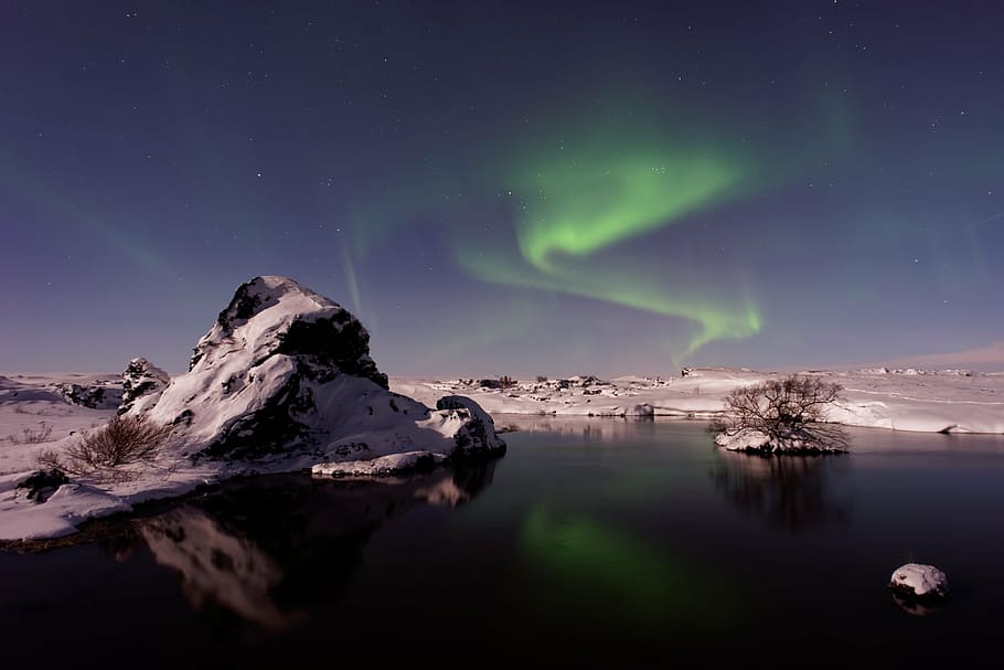 body of water near rock with green sky, aurora borealis, cold HD wallpaper