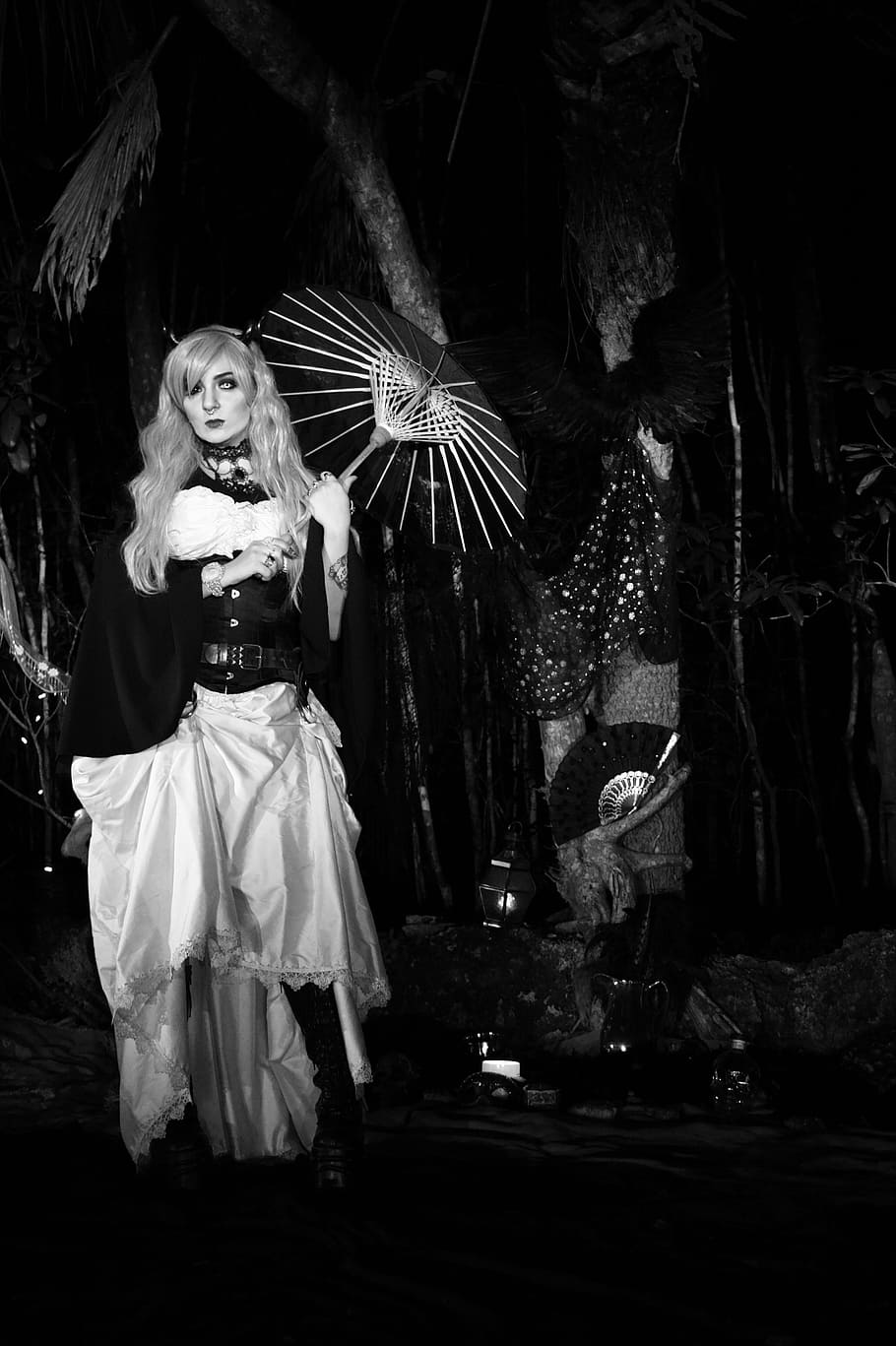 grayscale photography of woman holding parasol, goth, magic, vampire
