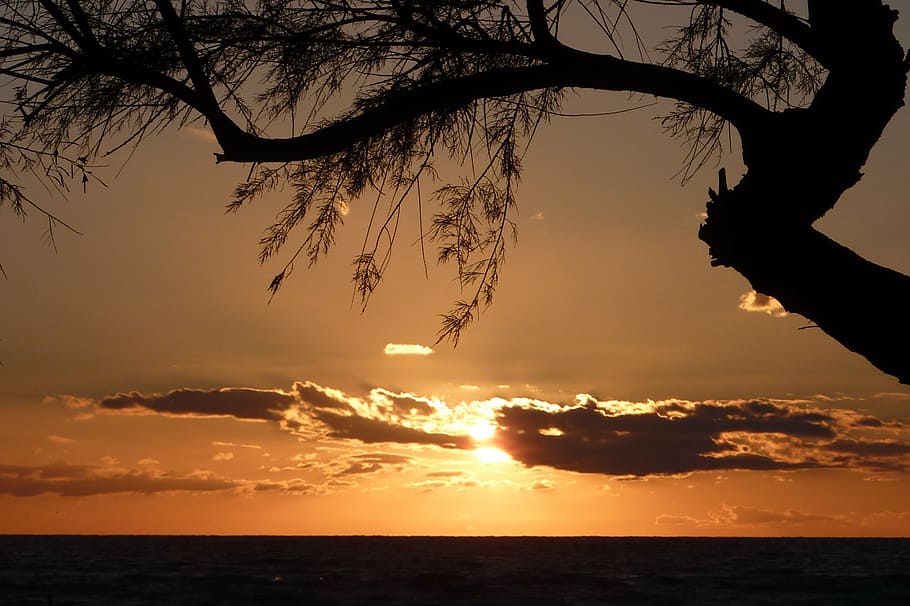 yellow sun peaking over clouds, mallorca, sea, sunset, sky HD wallpaper