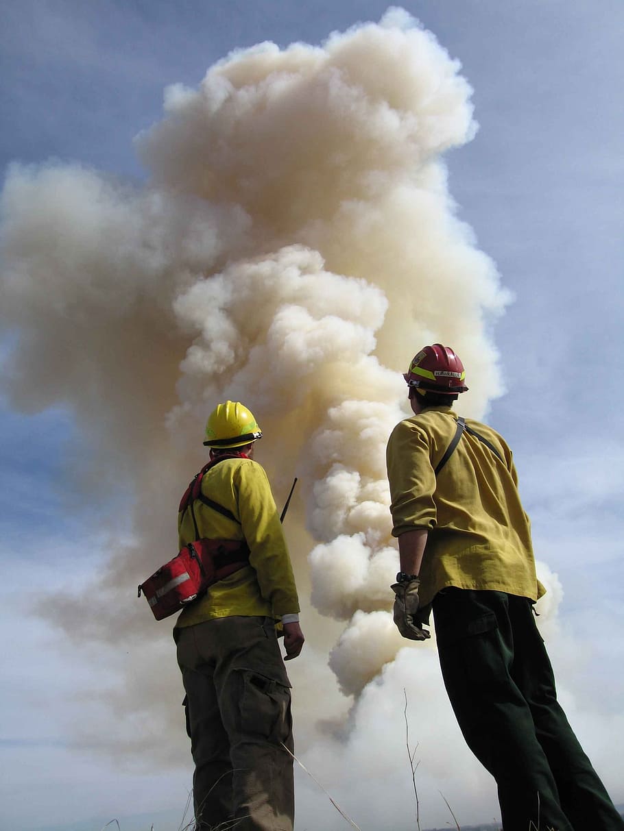 smoke, fire, big, front, stand, firefighters, men, male, people HD wallpaper
