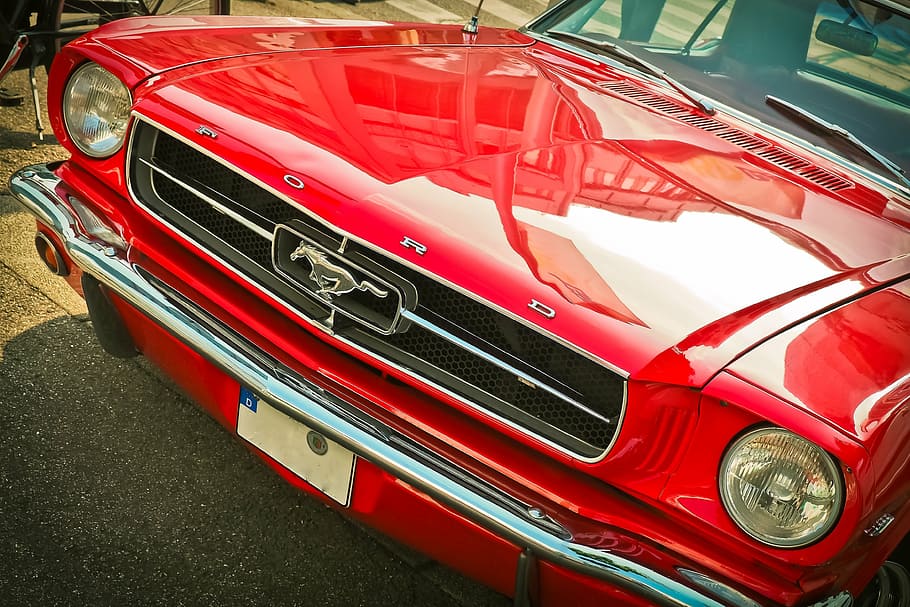 selective focus photo of red Ford Mustang coupe, auto, oldtimer, HD wallpaper