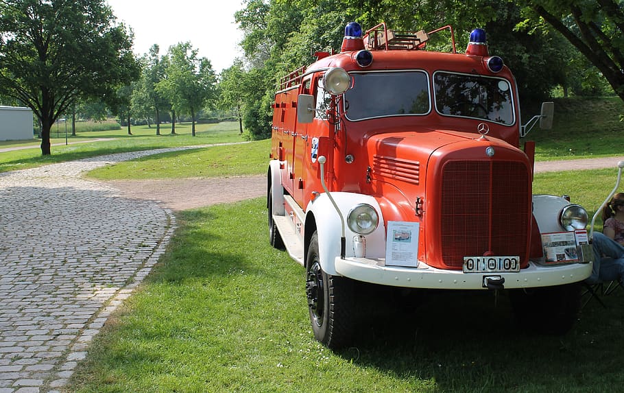 fire, oldtimer, red, fire truck, plant, grass, tree, land vehicle HD wallpaper