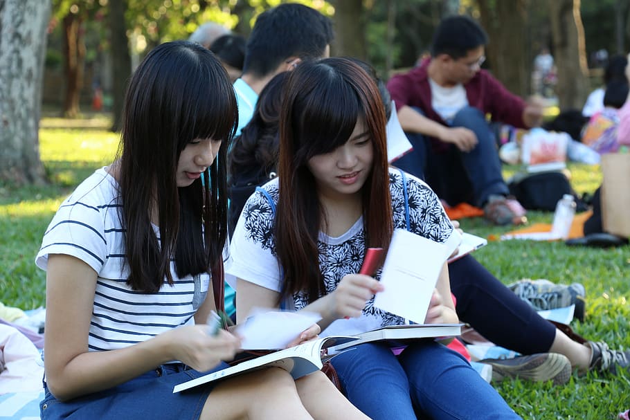 two girls sitting on grass at daytime, read book club med, the study, HD wallpaper