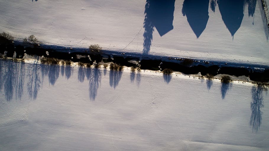 snow, drone, river, trees, nature, forest, winter, water, reflection HD wallpaper