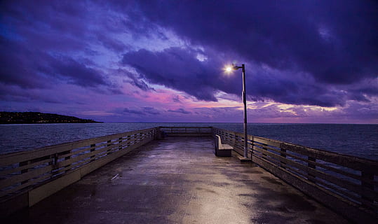 Scenic View From the Dock, beach, bench, boardwalk, bridge, clouds HD wallpaper