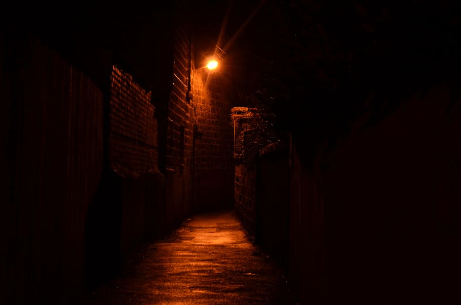 photo of gray concrete pathway with turned on light at nighttime HD wallpaper