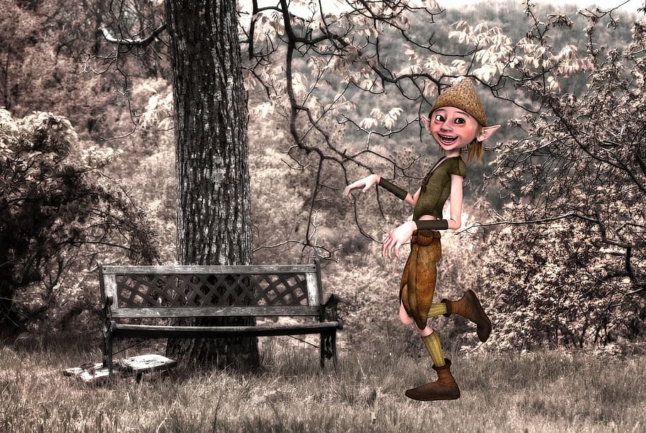 edited photo of walking elf near black wooden bench, goblin HD wallpaper