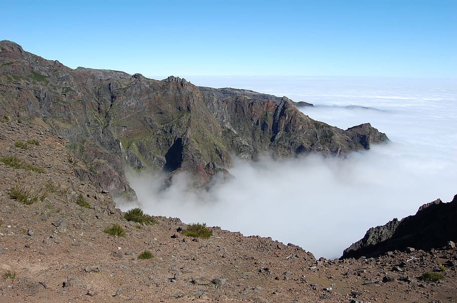 Mountains, Clouds, Tops, Madera, Sky, rocks, the fog, nature HD wallpaper