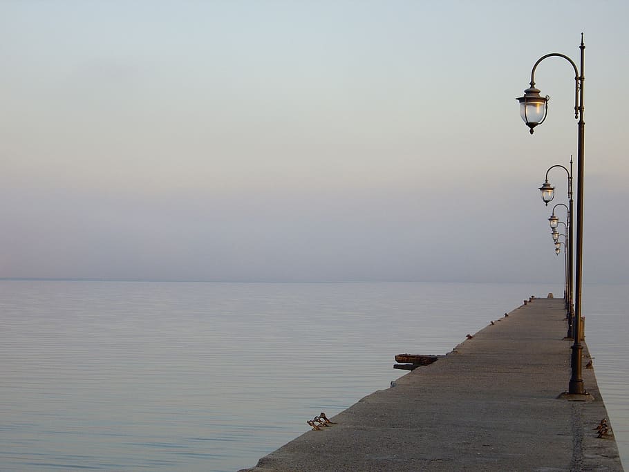 web, sea, jetty, water, pier, sky, lighting equipment, horizon HD wallpaper