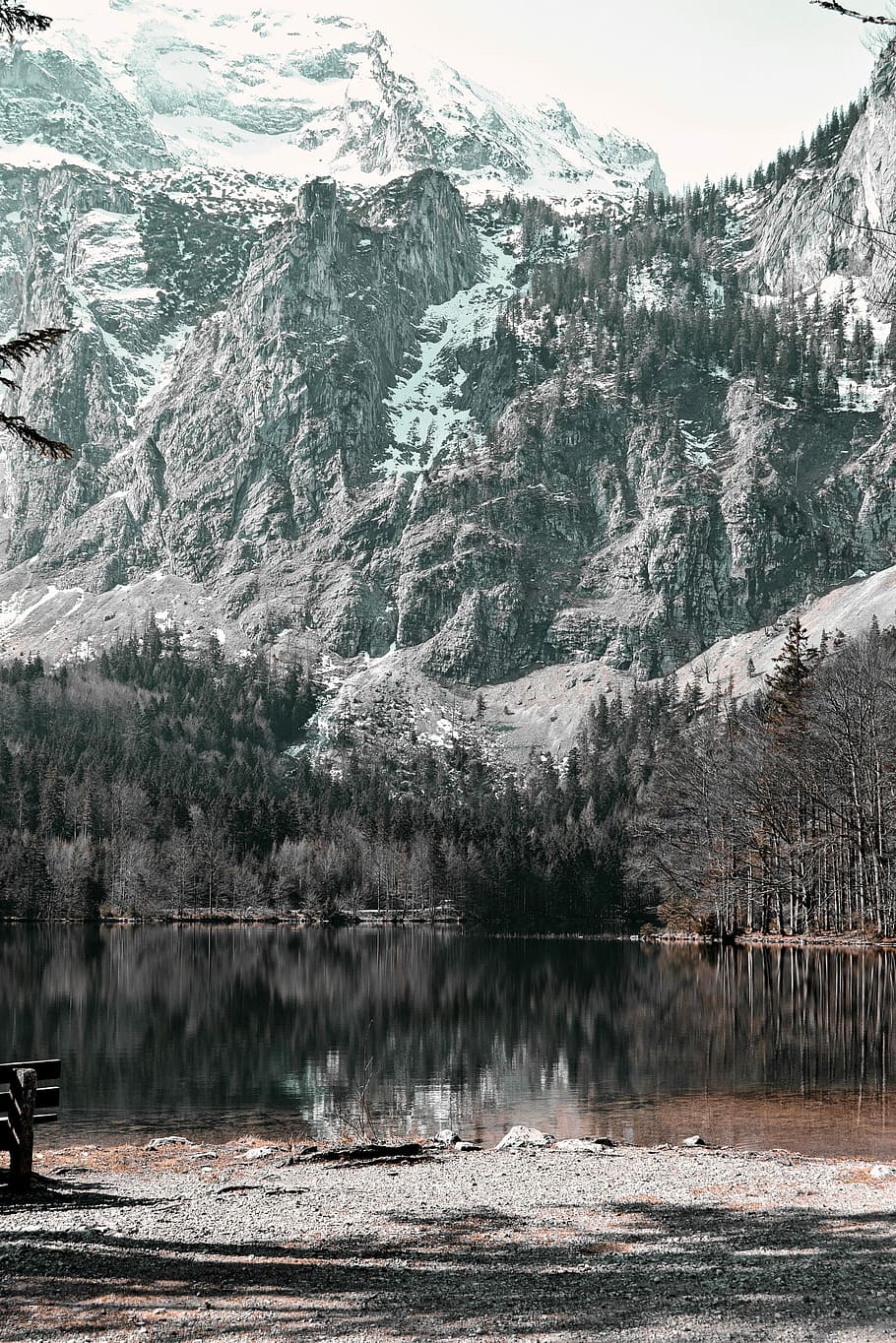 snow-capped mountain range and trees reflecting on water, mountain near water HD wallpaper
