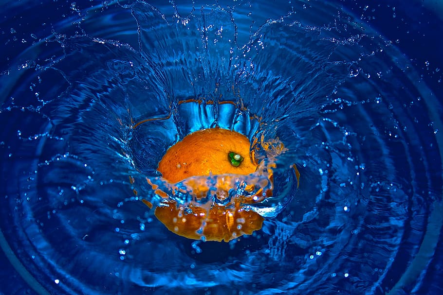 orange fruit drop on body of water, falling, fruits, splashing, HD wallpaper