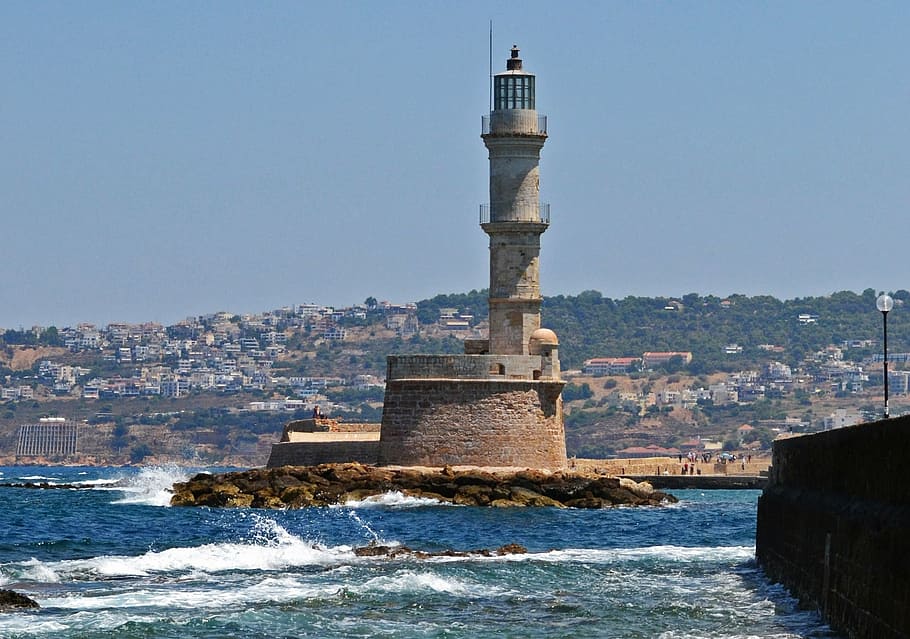 lighthouse, sea, greece, chania, wave, coast, summer, harbor HD wallpaper