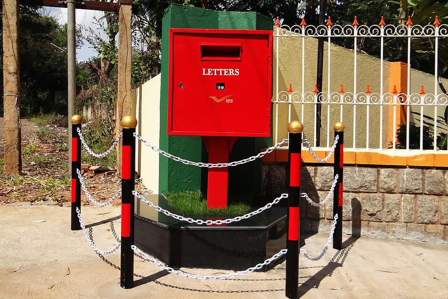 letter box, post box, tv type, red, india post, barricade, dharwad