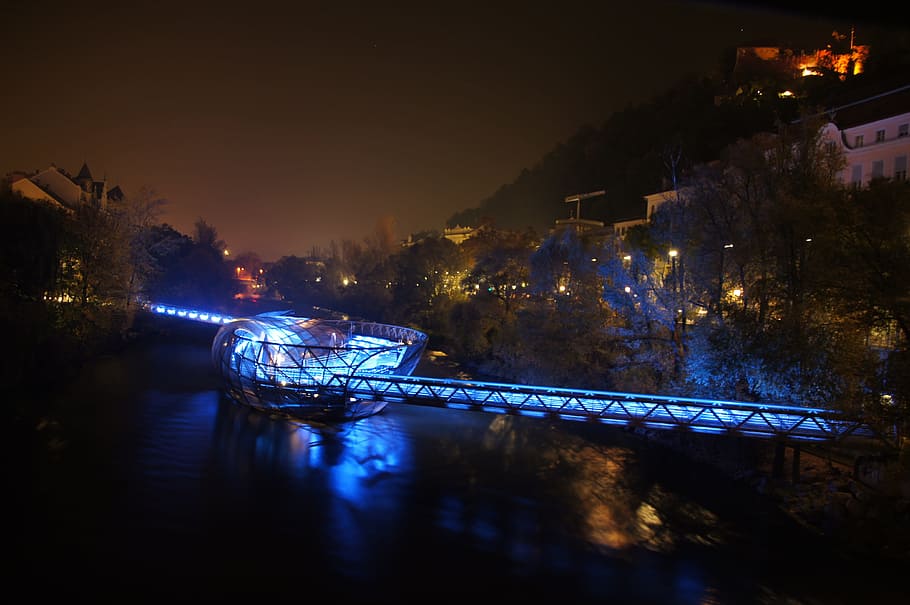 graz, mur, murinsel, night, capital of culture, 2003, water HD wallpaper