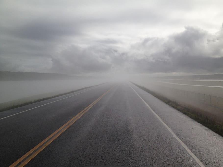 gray empty asphalt road covered with fogs, cloud, rain, drive HD wallpaper