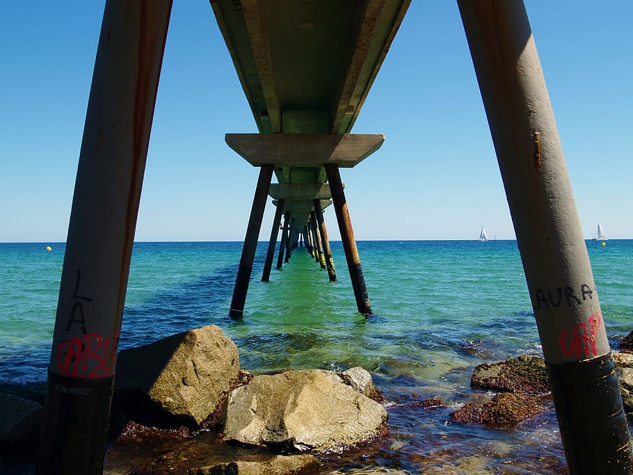 Sea, Bridge, Water, Sky, Ocean, landscape, beach, outdoor, blue HD wallpaper