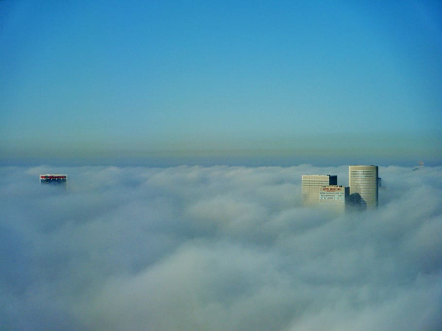 white clouds covering buildings, skyscraper, urban, israel HD wallpaper