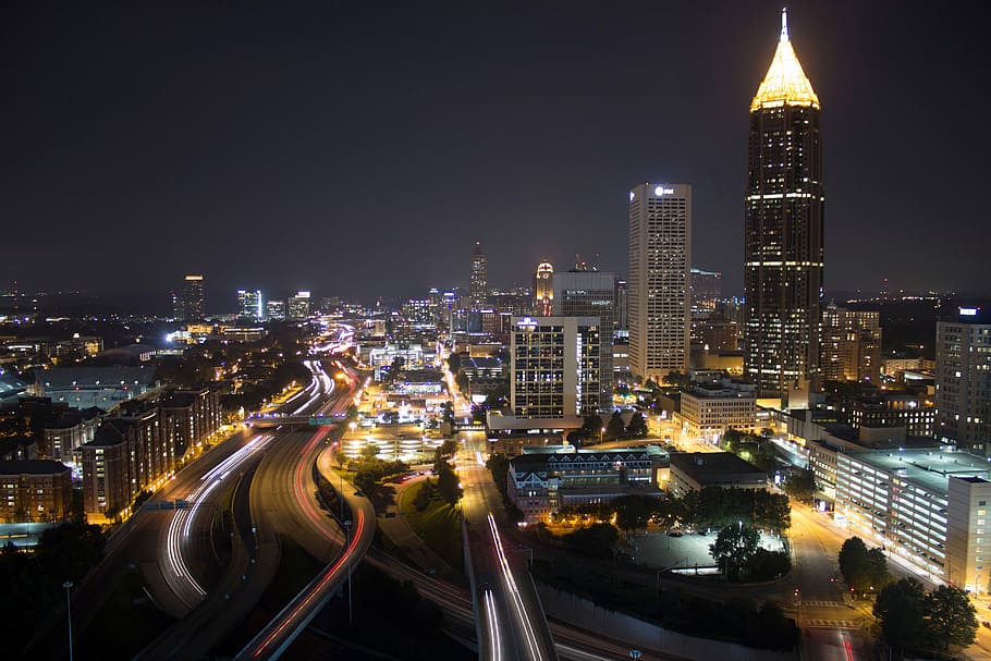 Cityscape with night lights with roads and skyscrapers in Atlanta, Georgia