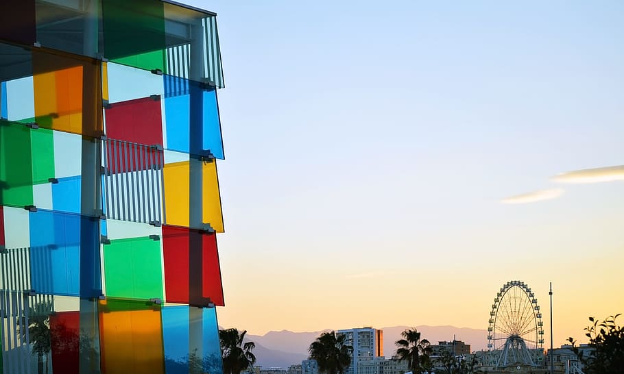 amusement park during sunset, Malaga, Spain, Centre, Center HD wallpaper