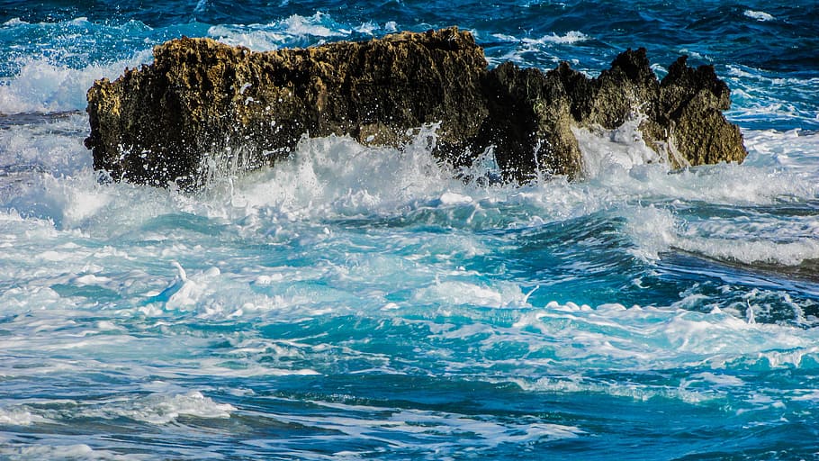 Rock, Wave, Smashing, Foam, Spray, energy, water, splash, liquid HD wallpaper