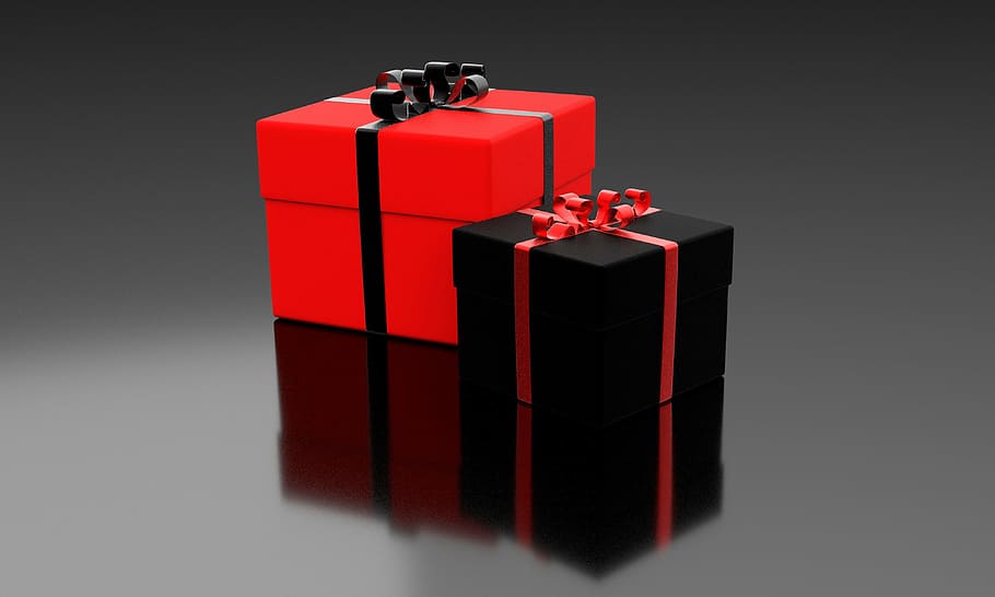 two black-and-red gift boxes, present, package, celebration, christmas