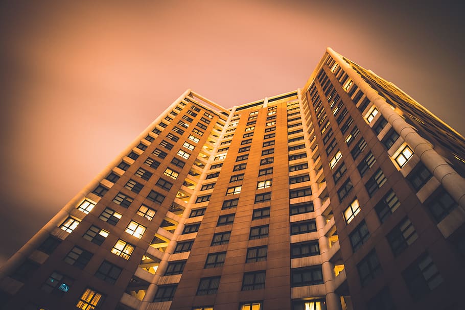 worm's eyeview photo of concrete high-rise buildings, low angle view of high rise building HD wallpaper