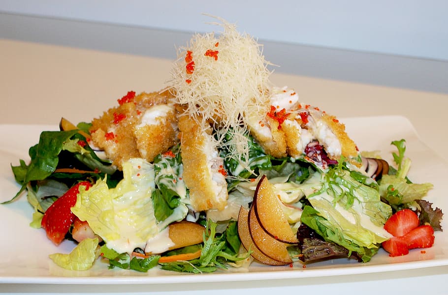 Salad, Sea Bass, Fresh, Strawberries, nutrition, restaurant, HD wallpaper