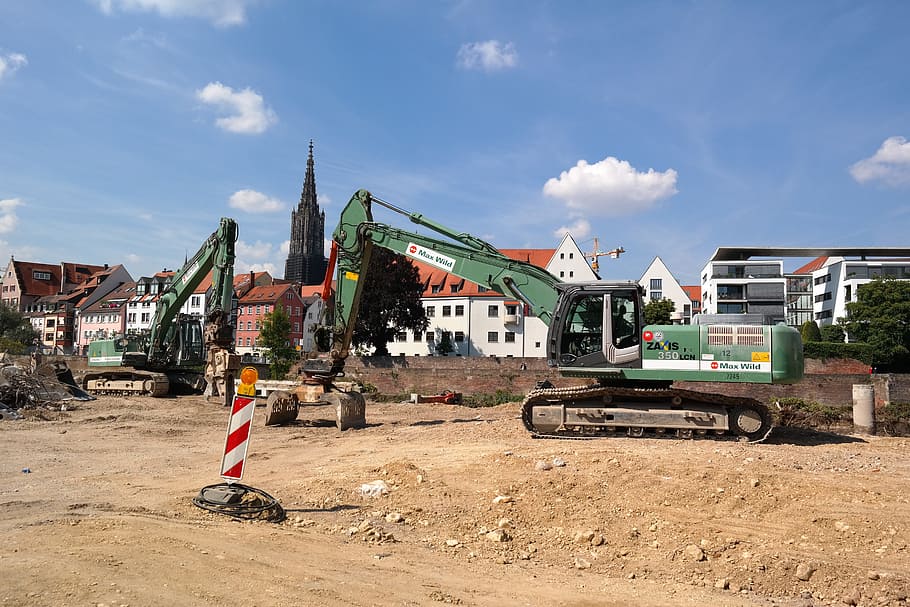 Excavators, Construction Work, site, new ulm, danube island, HD wallpaper