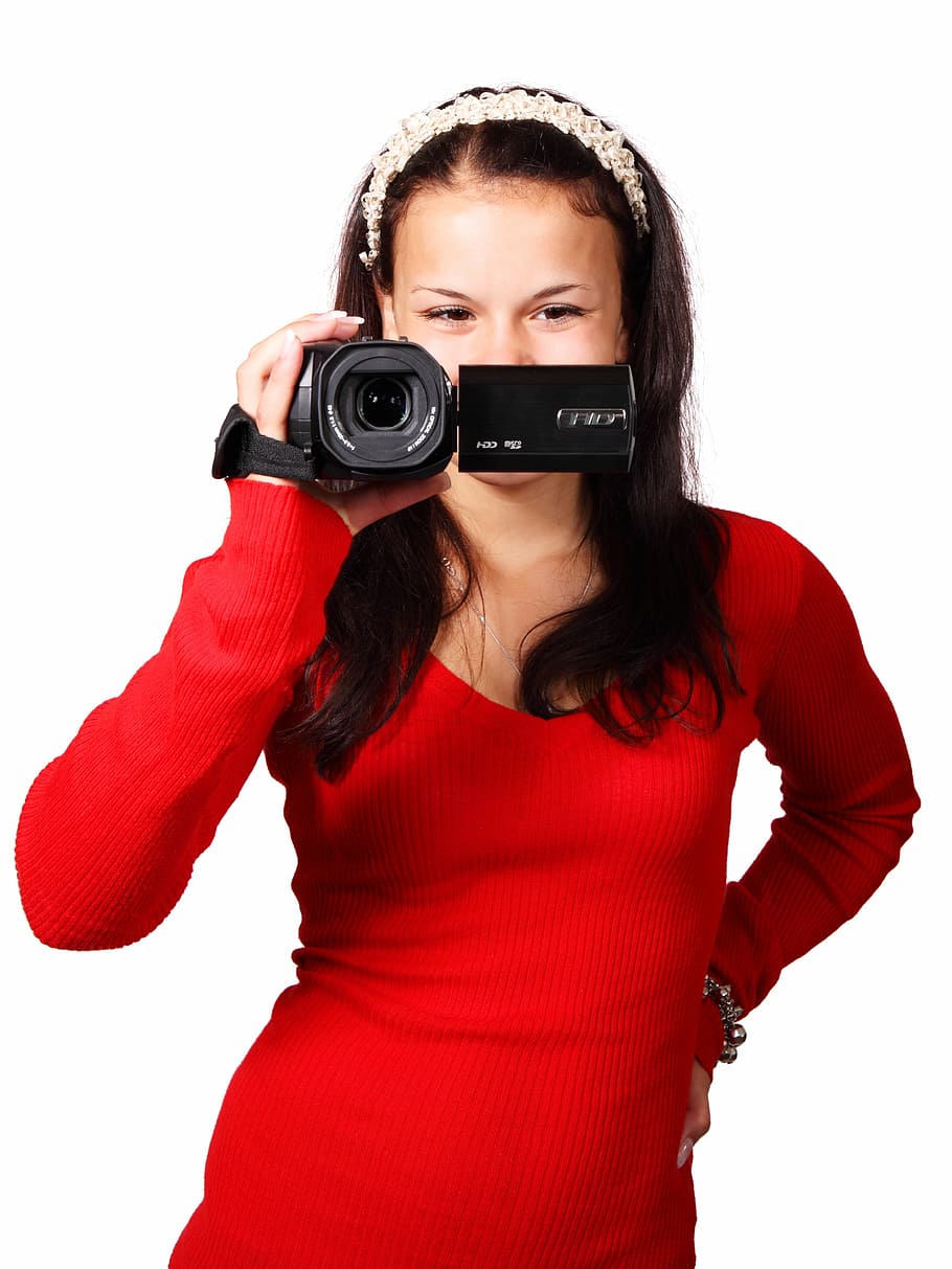 woman wearing red long-sleeved shirt holding camcorder, camera HD wallpaper