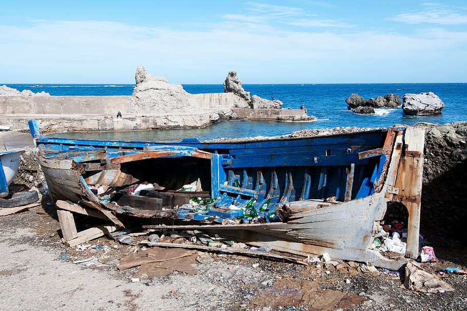 broken, boot, port, ain-taya, algeria, mediterranean, water HD wallpaper