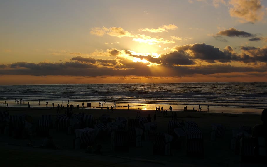 beach, sunset, norderney, sea, north sea, clouds, shadow, light, HD wallpaper