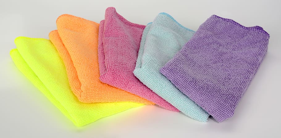 yellow, orange, purple, teal, and pink textiles, micro-fiber cloth