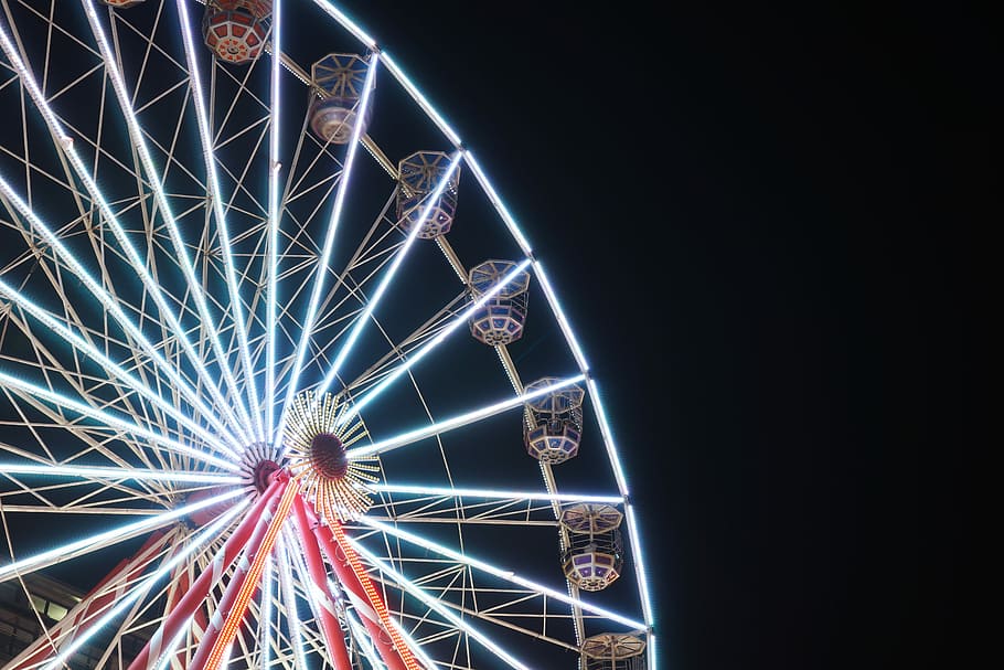 Big wheel, whitelighted ferry's wheel, ferris wheel, funfair HD wallpaper